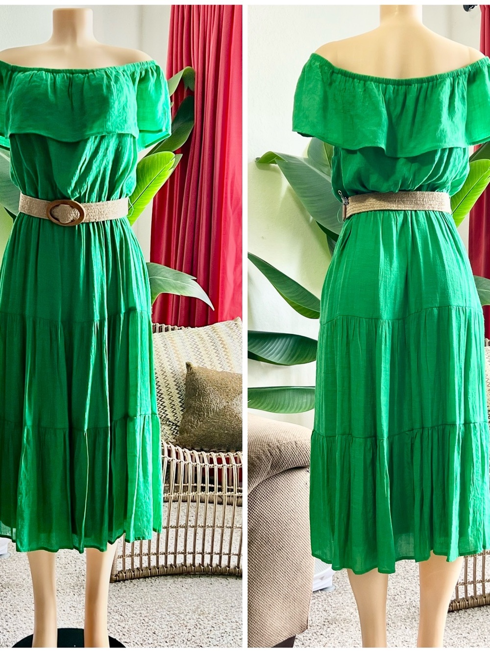 Off-Shoulder Green Tiered Midi Dress with stretchy weave belt L